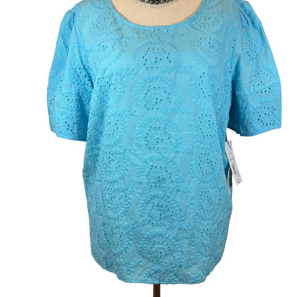 Liz Claiborne Tops - NWT Calypso Blue Eyelet Embroidered Blouse Women's PXL Puff Sleeve Cotton Spring